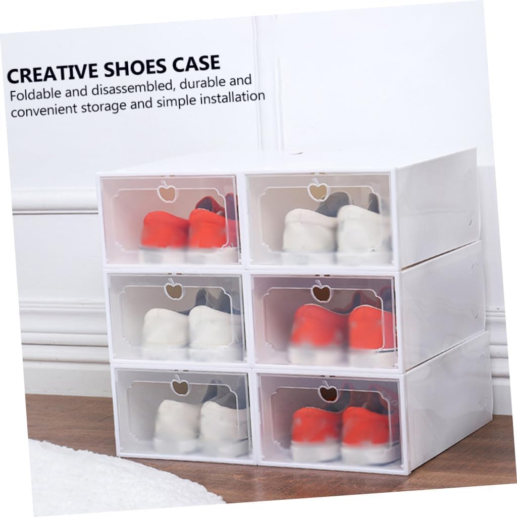 Large Capacity Shoe Storage Boxes with Flip-top Lids, Thick Plastic Organizer for Home Closet, 6pcs Pearl White Stackable Shoe Organizers for Sneakers and Boots