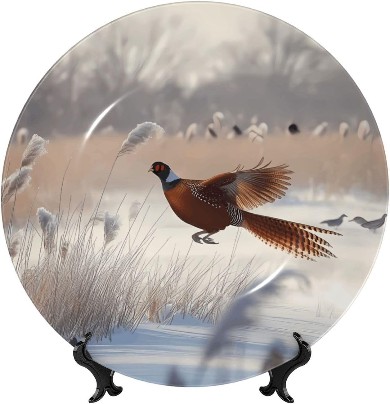 White Pheasant Style Ceramic Plate Display Home Display With Stand Wall Hanging Plate For Home Decor 10 Inch