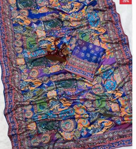 Image of Women's Chinon Silk Saree with Printed Design, Mirror Work & Zari Woven Detailing | Ethnic Wear Saree with Unstitched Blouse Piece | Traditional Festive & WeddingWear