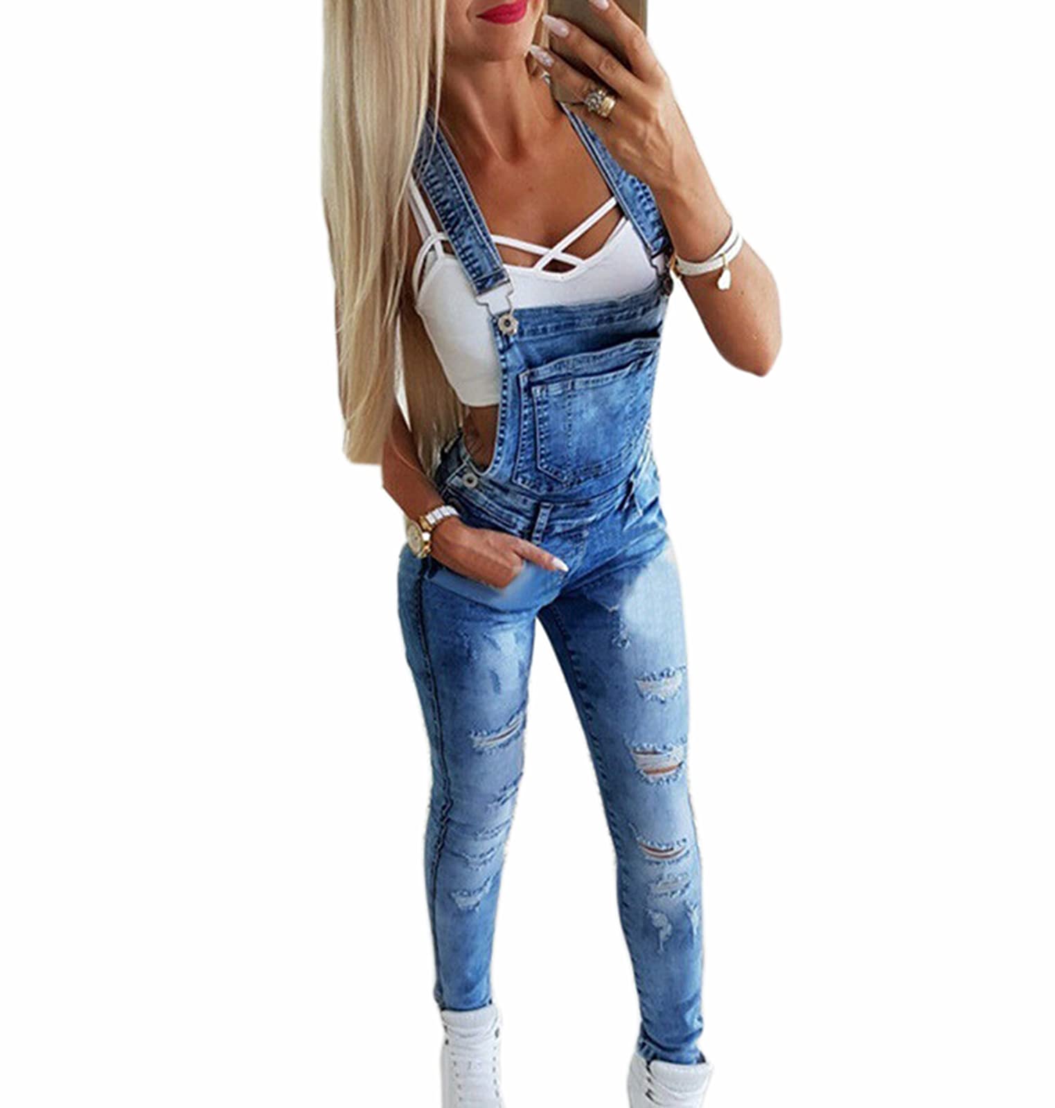 Suncolour Womens Dungaree Skinny Fit Stretch Denim Bib Ladies Hole Dungarees Rip Jeans
