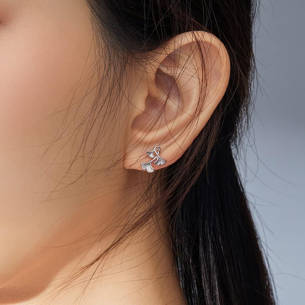 NewZenro Cute Vintage Ginkgo 925 Sterling Silver Floral Stud Earrings for Women, Cartilage Sensitive Ear, Hypoallergenic, Lightweight, Perfect for Wedding, Engagement, Birthday, Christmas - Image 6