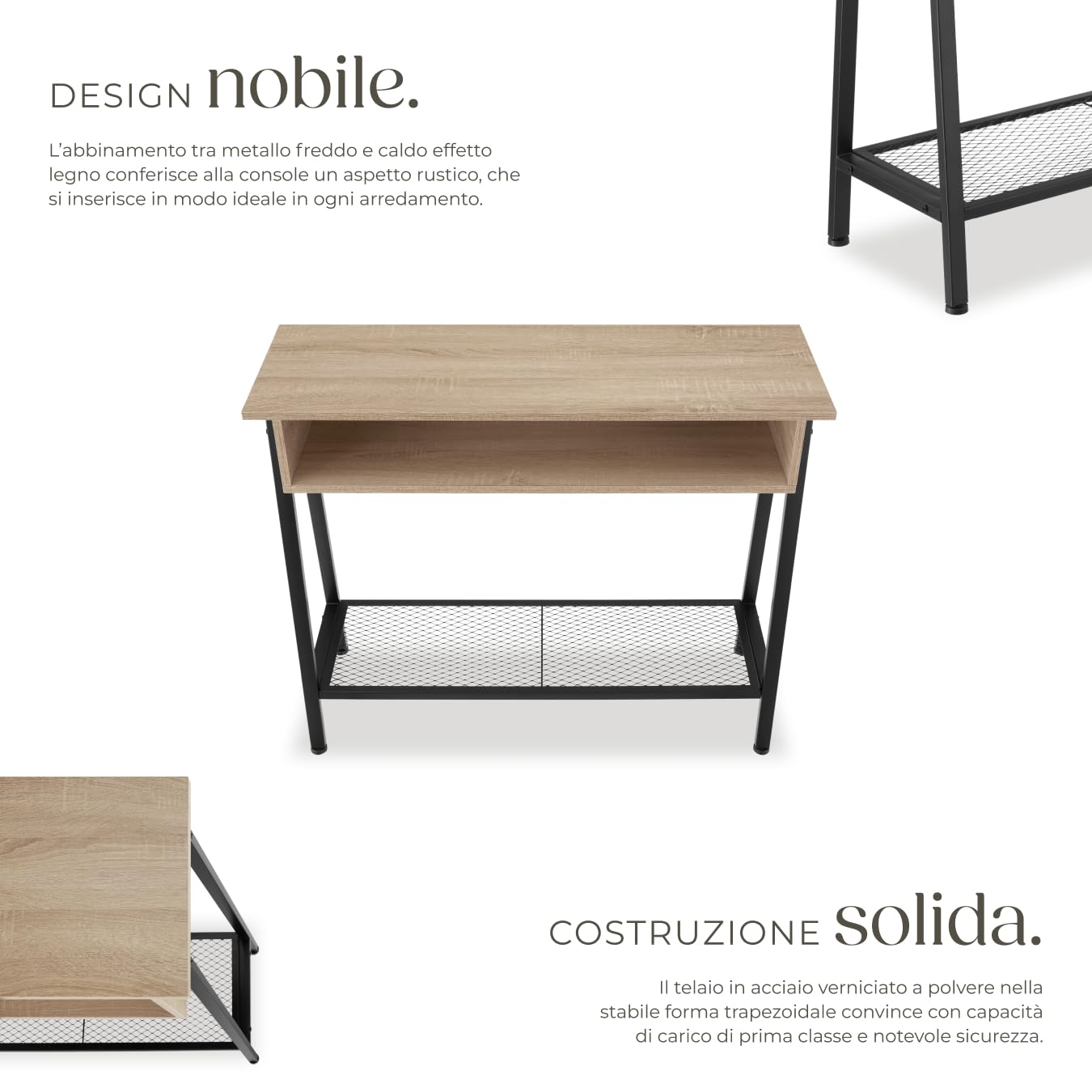 tectake® Tavolo Console, Struttura in Acciaio, Piano in Legno, Ripiano in Reticolato, Piedi Regolabili, Mobile Ingresso, Stile Industriale, Design Moderno - Industriale Legno Chiaro, Rovere Sonoma