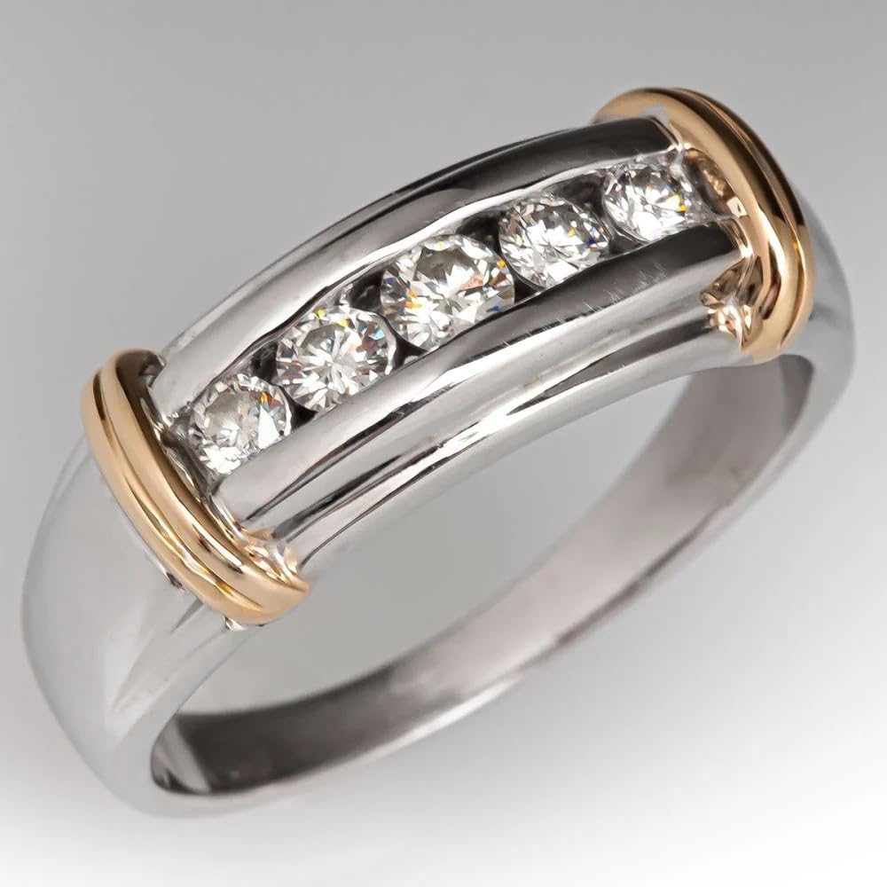 Dazzling Two-Tone Color Inlaid with Synthetic White Cubic Zirconia Women Men Rings Round Fashion Party Engagement Wedding Rings Jewelry