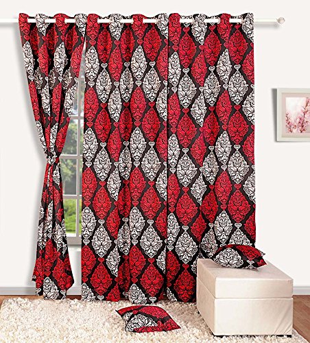 Image of Swayam 80% Blackout Polyester Window Curtain for Living Room & Bedroom | 5 Feet | Room Darkening Curtain with Eyelets | Pack of 1 | Ethnic Motif Design - Red & Black