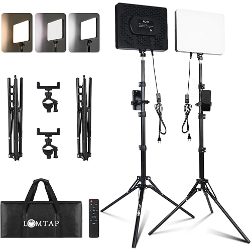LED Studio Lights for Video Recording, 35W Photography Lighting Kit with 6.5ft Stand, Remote, Phone Holder and Bag for TikTok, YouTube, Live Streaming, Podcast, Vlogging (LOMTAP)