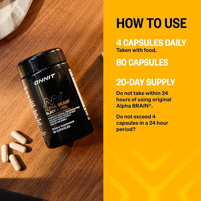 ONNIT Alpha Brain Black Label Capsule (80ct) Premium Citicoline Brain Supplement - Focus, Concentration & Memory - Lion's Mane, Hericium Erinaceus, L Theanine & Mucuna Pruriens