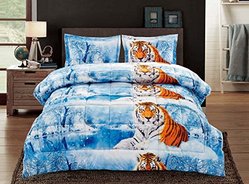 3 Piece Box Stitched 3D Amur Tiger Prints Faux Fur Comforter Set (D03) King