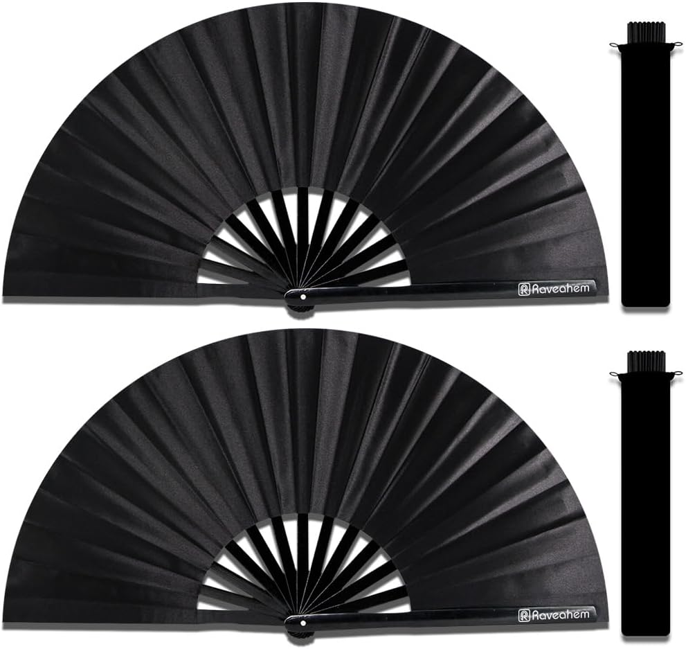 2 Pack Large Folding Hand Fans, Bamboo Handheld Rave Fan Wedding Fan Bamboo Frame Thickened Smooth Fabric for Cooling Decoration Women Men Gril Boy Gift, 13.8" Black