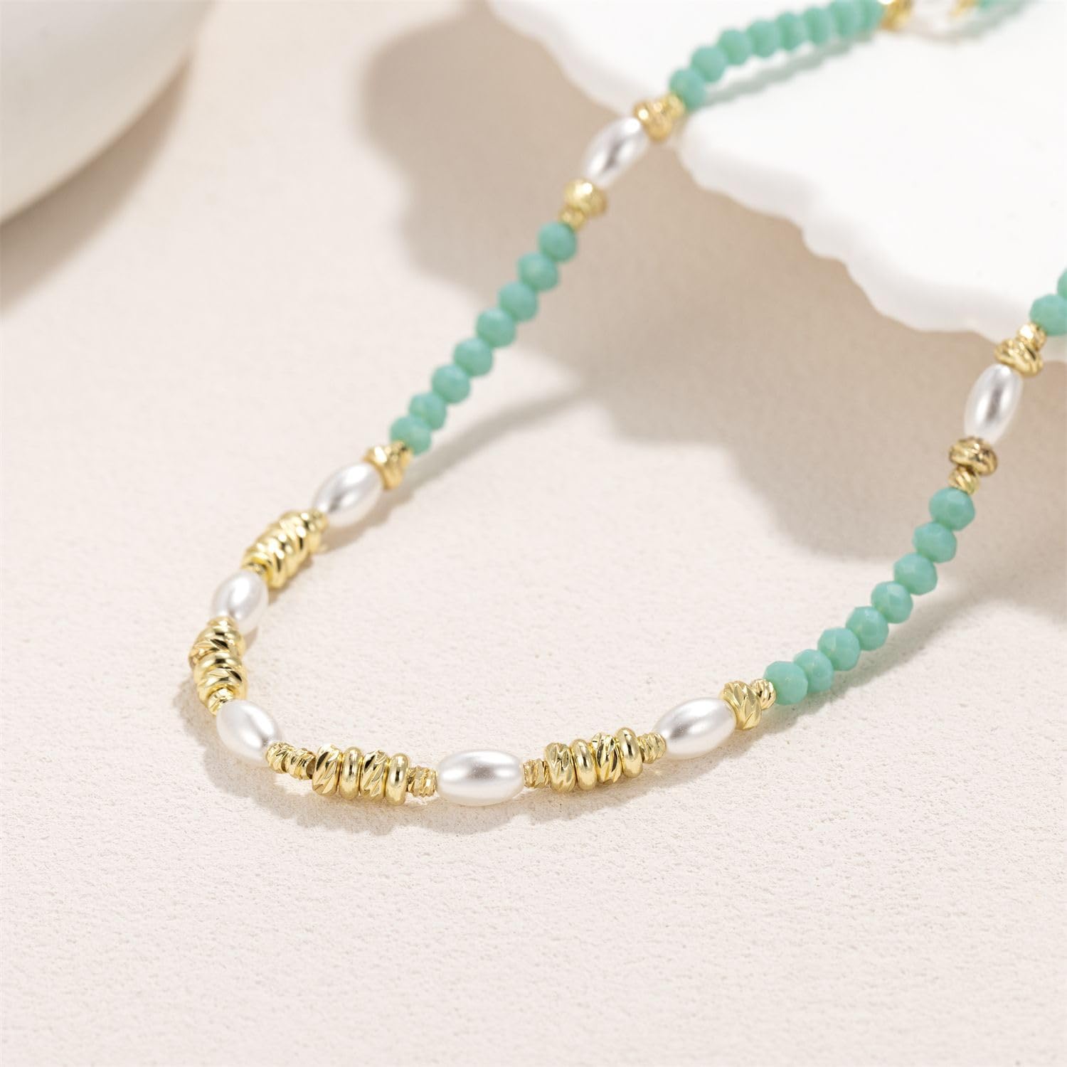 Green Beaded Necklace for Women Amazonite Necklace Boho Imitation White Pearl Choker Danity Adjustable 14K Gold Plated Necklace 15.5+2 Inch - Image 6