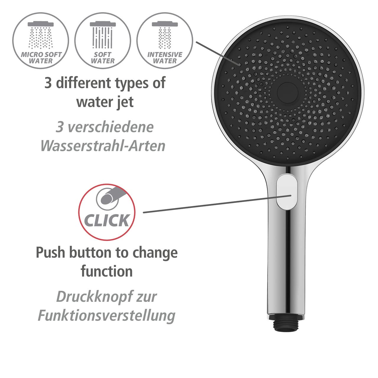 WENKO Set doccia Softwater, asta per doccia in acciaio inox dal design angolare con soffione Softwater per getto finissimo e tubo doccia flessibile idoneo, adatto per riscaldatore di flusso, cromato