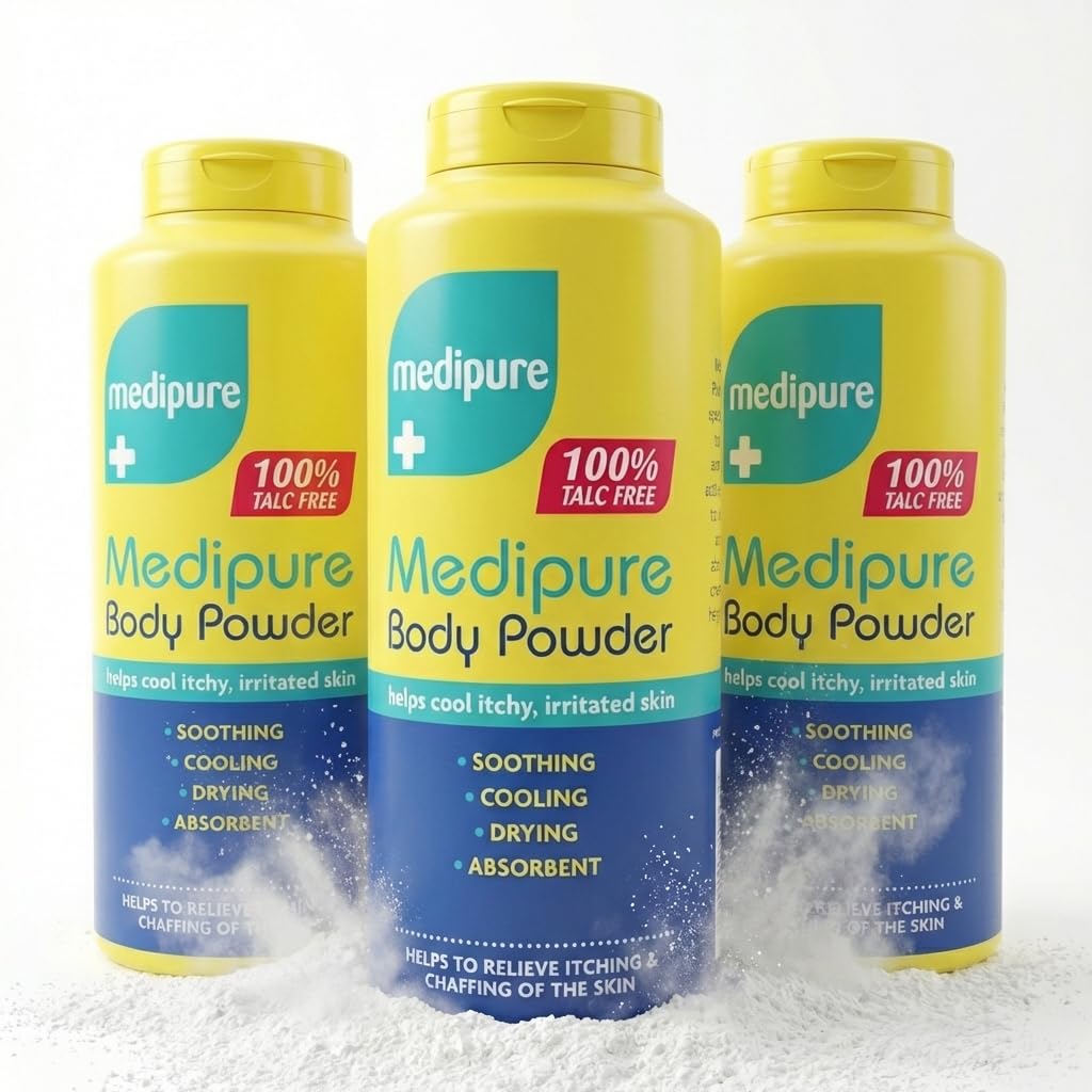 Medipure Medicated Body Powder Talc Free - 3 Pack Anti Chafing Powder for Women & Men, Zinc Oxide Cooling Powder for Itchy Irritated Skin, Sweat Absorbing Body Powder for Sensitive Skin (200g Each)