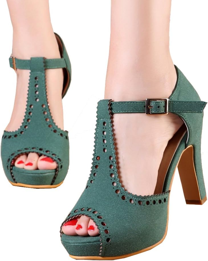 getmorebeauty Women's Vintage Heeled Sandals Suede Ankle T Straps Dress Block High Heel Sandals Women Shoes