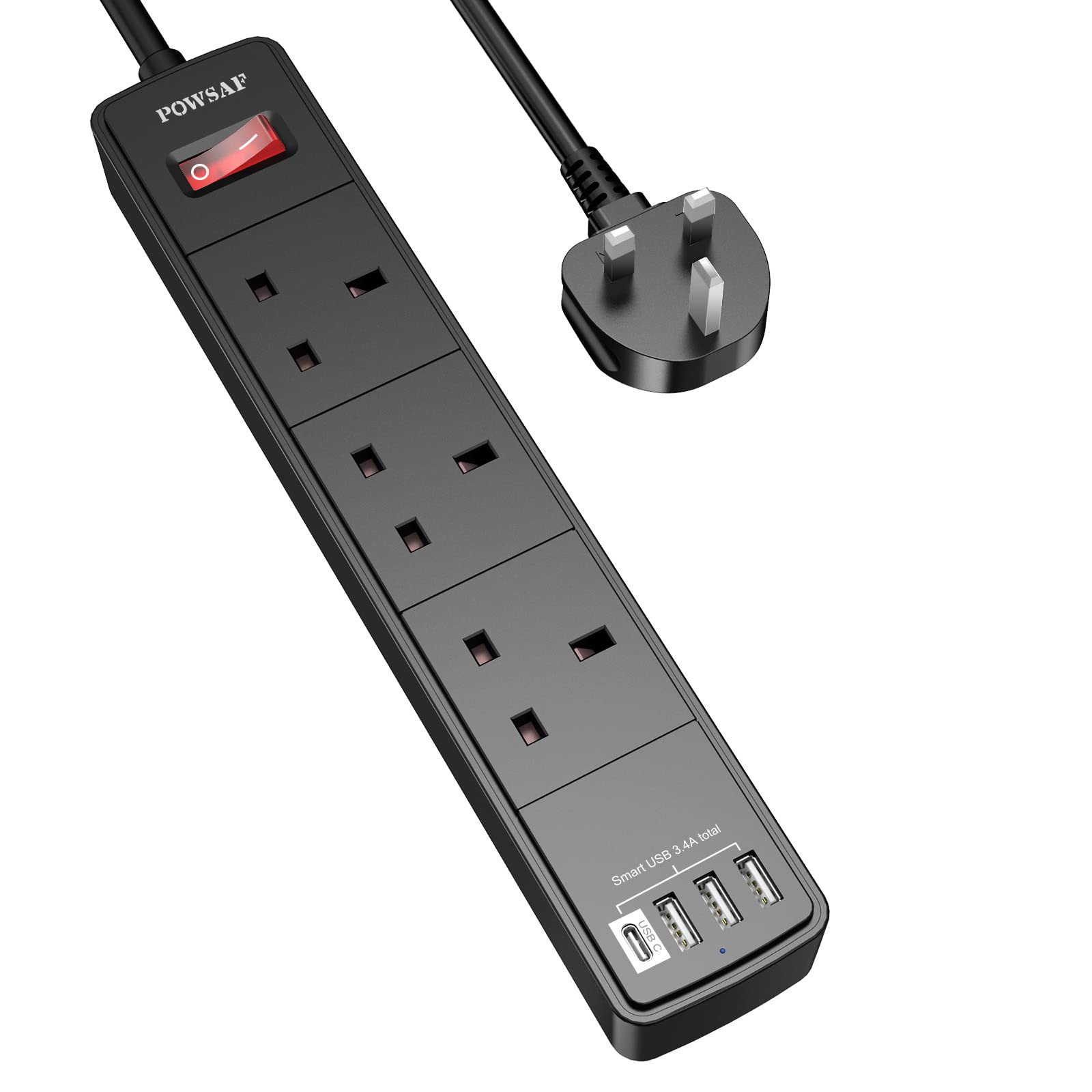 POWSAF Extension Lead with 4 USB Slots (3.4A, 1 Type C and 3 USB-A Ports),Power Strip Surge Protector with 3 way plug extension Socket and 2M Extension cube cable for Home Office Travel,Black