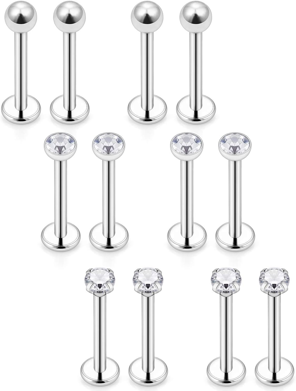 Tragus Earrings 16G Surgical Steel Cartilage Conch Helix Studs Piercing Clear Diamond CZ Lip Ring Labret Studs Barbell Medusa Jewelry for Women Men 6mm 8mm 10mm 12 Pieces