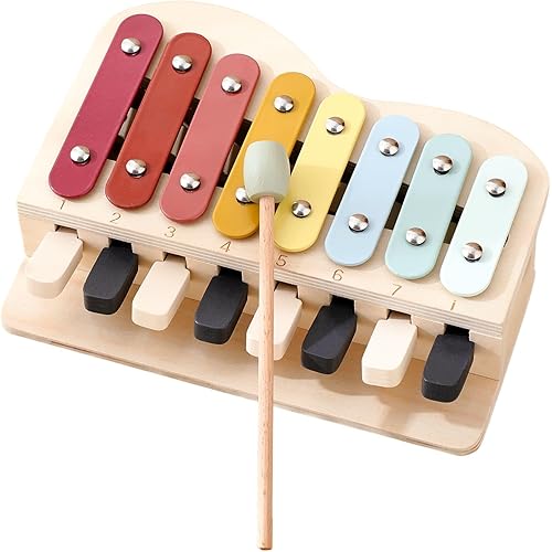 2-in-1 Piano Xylophone Wooden Musical Toy for Toddlers 1-3, Educational Musical Learning Instruments with 8 Colorful Keys, 5 Classic Song Sheets, Montessori Sensory Music Set for Girls Boys