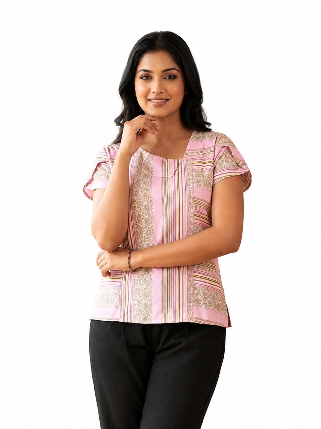 yash gallery Women's Rayon Staple Waist Length Asymetric Neck Over Lap Sleeve Digital Printed Regular Fit Top-picture-42