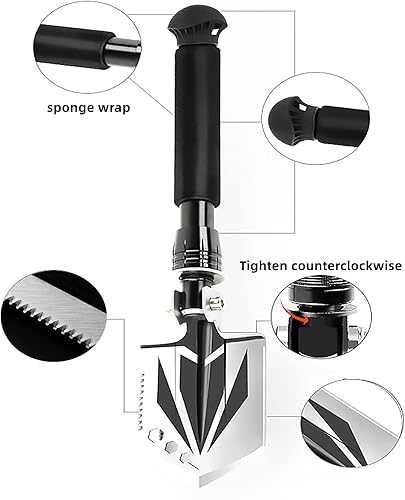 Miniatura 4 de LFL Pala de camping plegable, pala de supervivencia de acero de manganeso, pala de mano de jardín, mango de aluminio grueso con cubierta de tela,