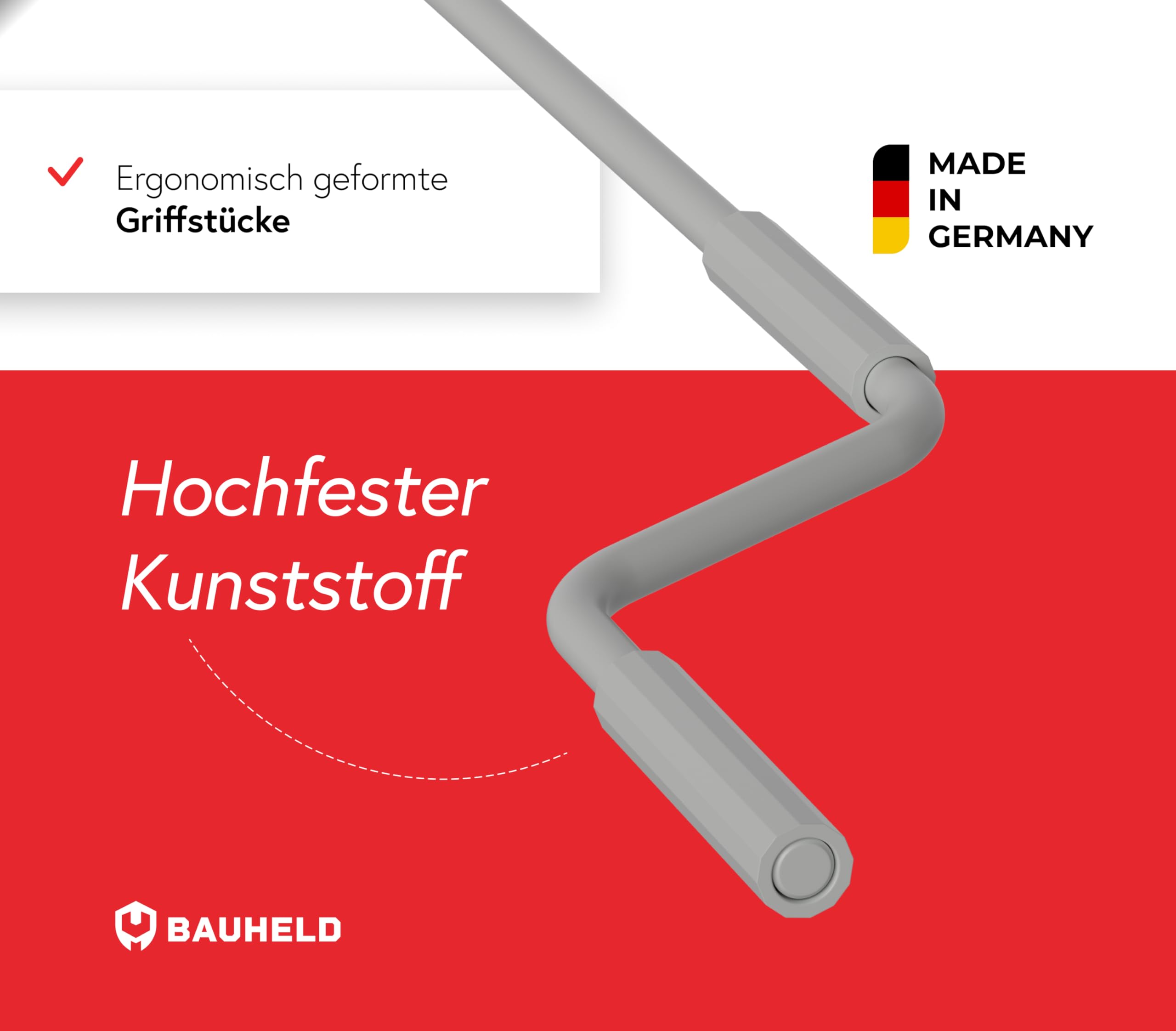 BAUHELD Markisenkurbel mit Fleischer-Haken 100cm - Made in Germany - Markisenstange aus verzinktem Stahl - Stabiler Handgriff aus Kunststoff - Hand-Kurbel kompatibel mit ovalen Markisen-Ösen - Grau