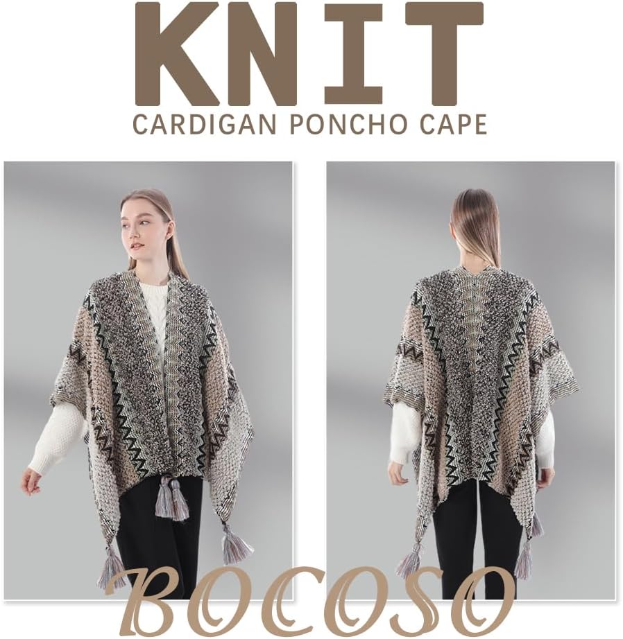 Knit Shawl Wrap Poncho Cape for Women, Ladies Knitted Cardigan Kimono with Fringe for Fall Winter - Image 3