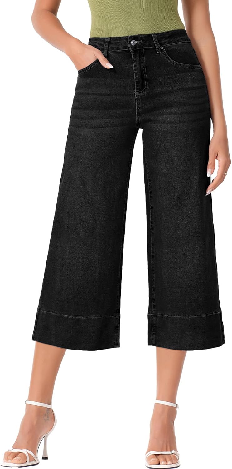 EVALESS Wide Leg Jeans for Women High Waisted Capri Pants Trendy Stretchy Straight Baggy Denim Pants