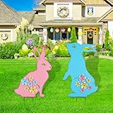Detene 2 Stück Metall Osterhase Gartenstecker Set mit 3D Blumen Wetterfeste Ostern Hof Deko Pfähle Osterdeko für Garten Terrasse & Balkon, Robuste Metall Garten Deko für Außenbereich