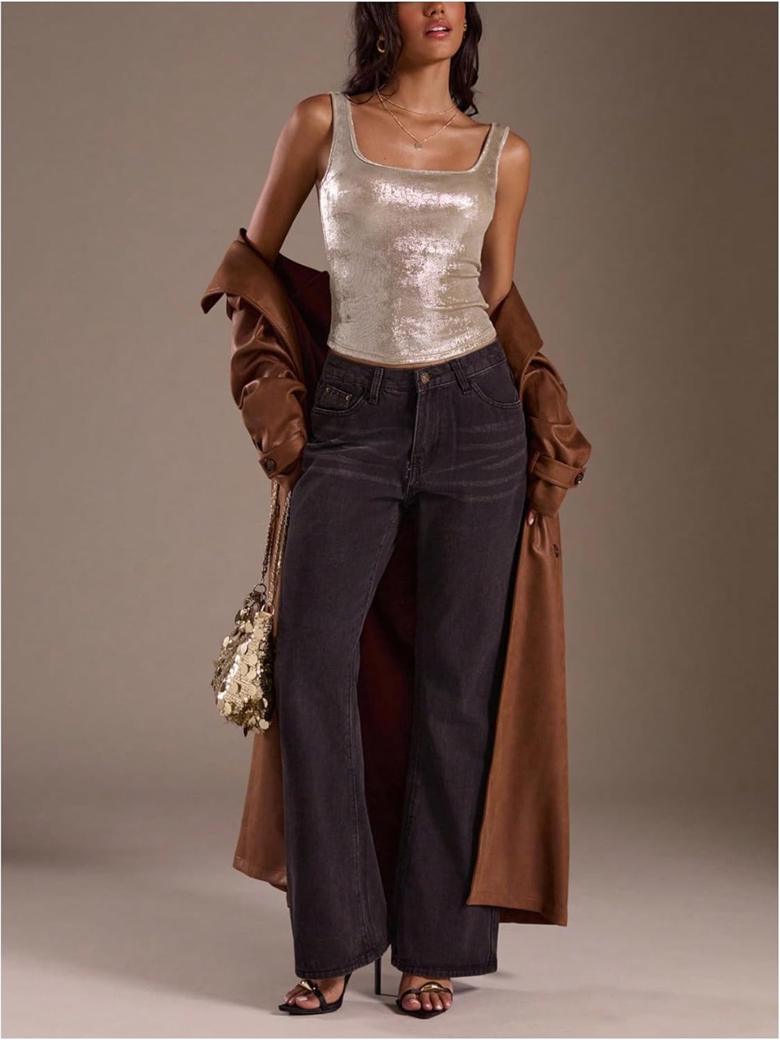 Women's Metallic Tank Tops Sleeveless Square Neck Padded Tops with Built-in Bra Y2k Evening Party Rave Crop Top - Image 5