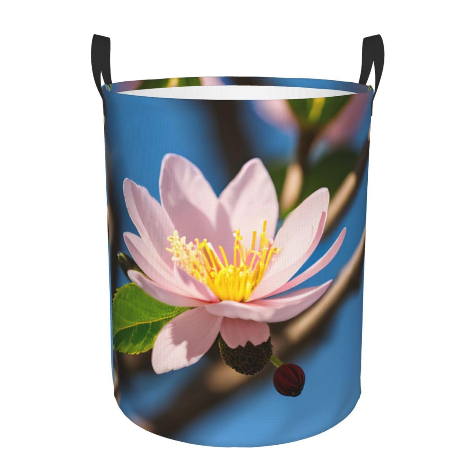 M Collapsible Laundry Hamper Round pink almond blossom Print Storage