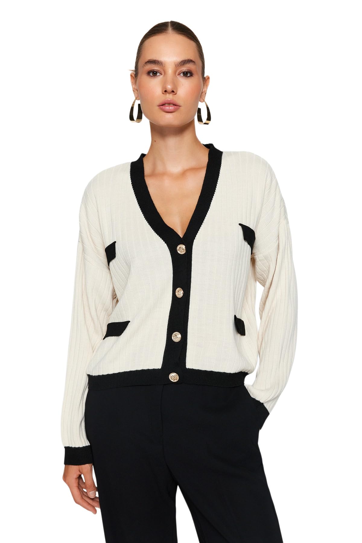 Trendyol Collection Damen Beige Strickjacke Mit V-Ausschnitt Und Blockfarben In Steinoptik - Für - Groß