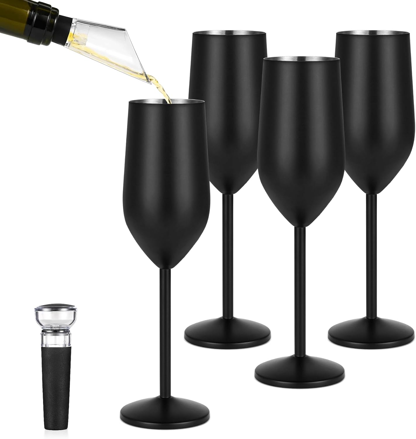 Lifecapido 4 Pack Stainless Steel Champagne Glasses, 8oz Stemmed Unbreakable Champagne Glasses, Elegant Stainless Steel Champagne Flutes for Party Wedding Christmas Anniversary, Black