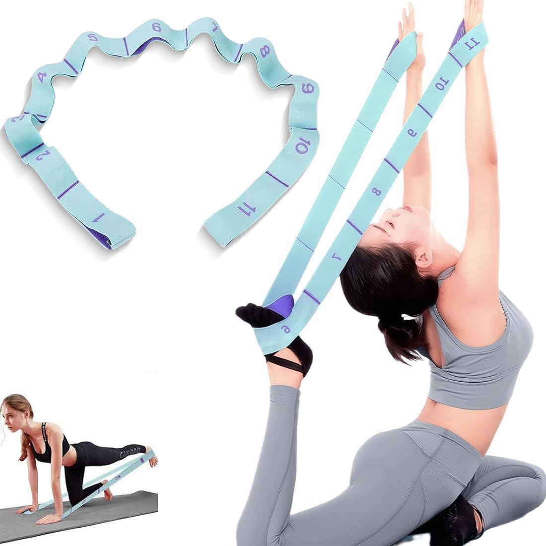 Taśma rozciągająca z 11 pętelkami do precyzyjnego rozciągania | wszechstronny pasek do jogi i taśma fitness | idealna do jogi, pilatesu, tańca, gimnastyki i rehabilitacji
