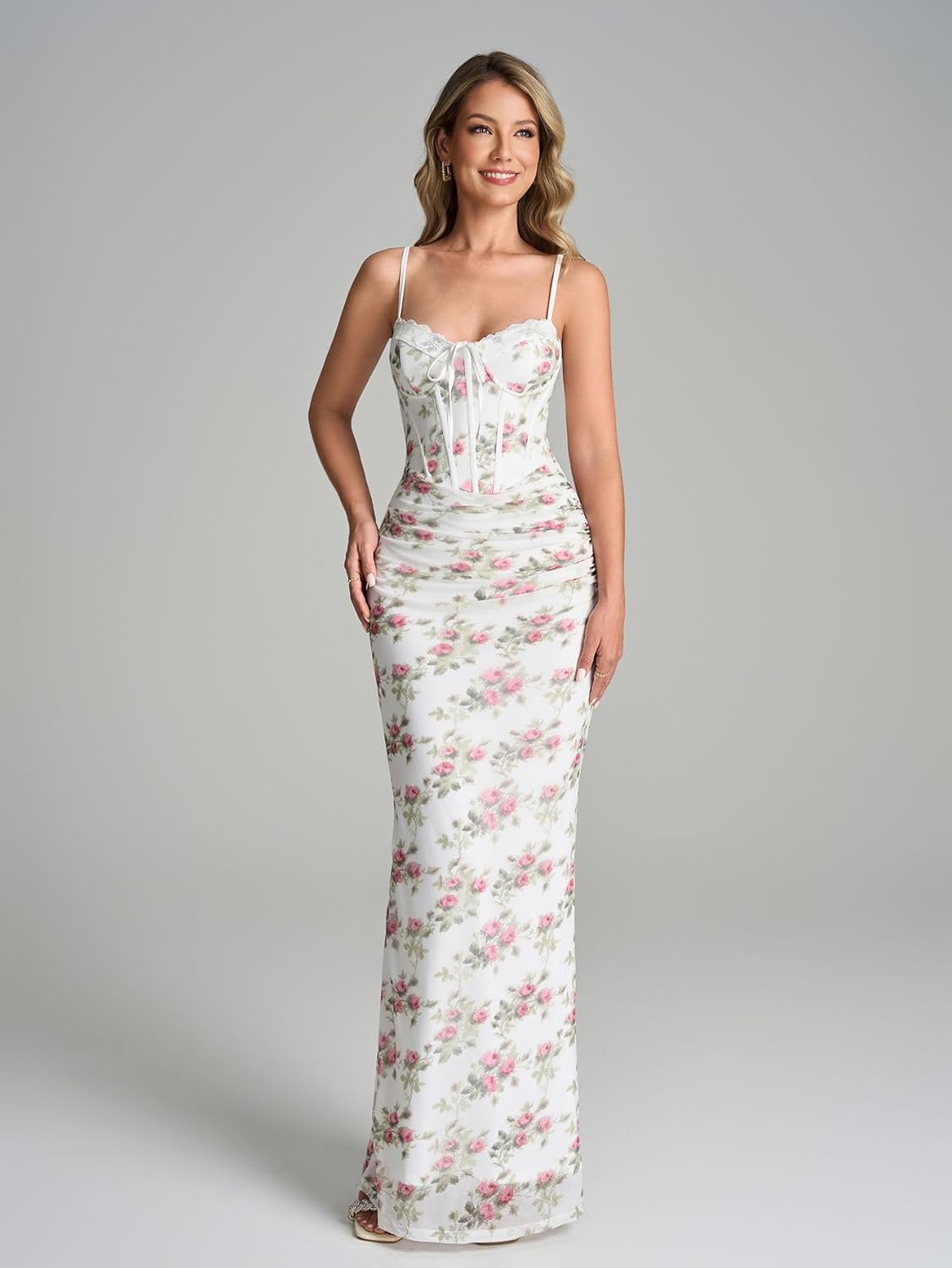 KUTUMAI Vintage Lace Corset Floral Maxi Long Dress Bodycon Ruched Tie Formal Wedding Guest Dresses for Women Elegant - Image 6