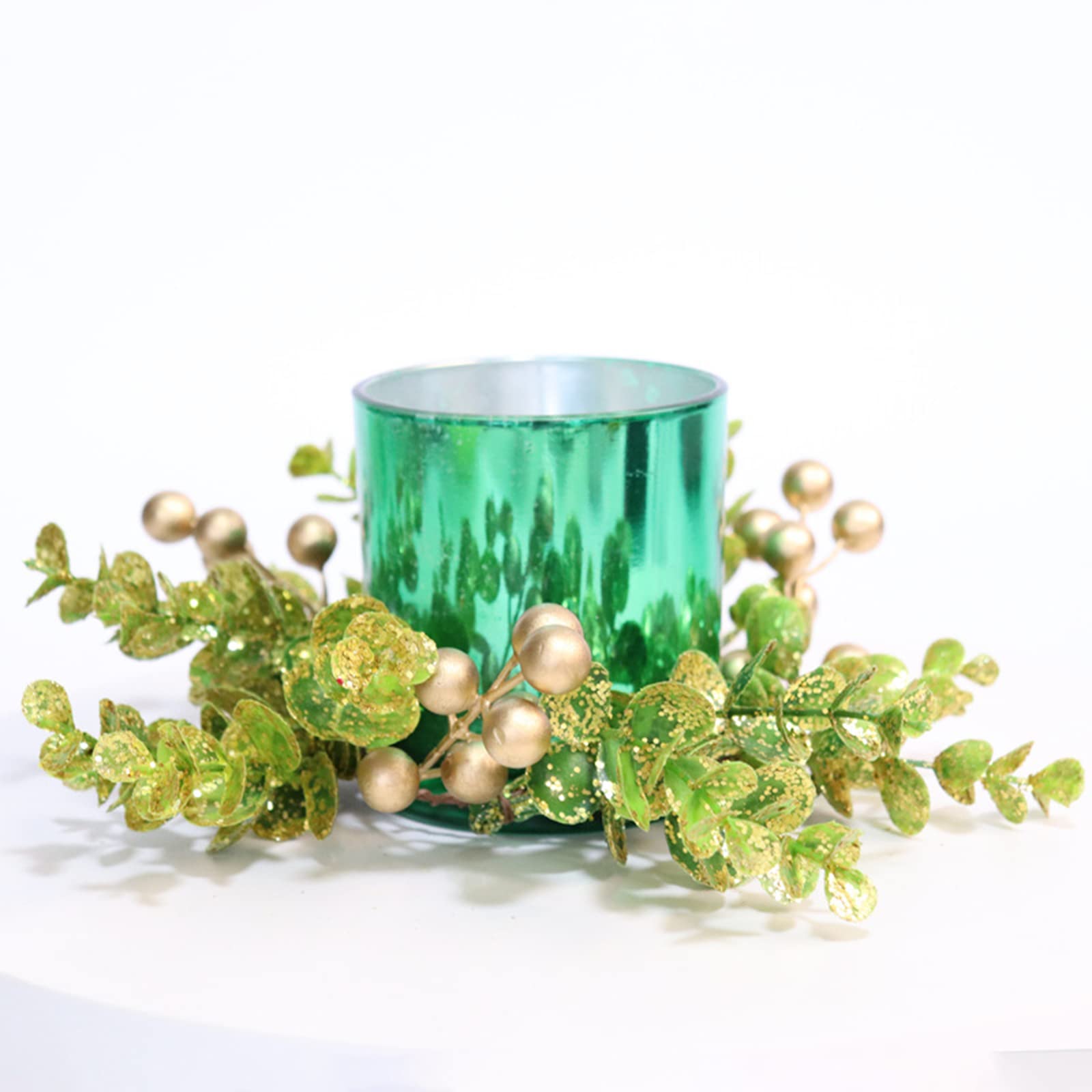 MISNODE 4 Pack Christmas Candle Rings, Artificial Eucalyptus Candle Holder Rings Wreath with Gold Berries, Mini Votive Pillar Candle Holder Candle Garland for Xmas Wedding Party Table Home Decor