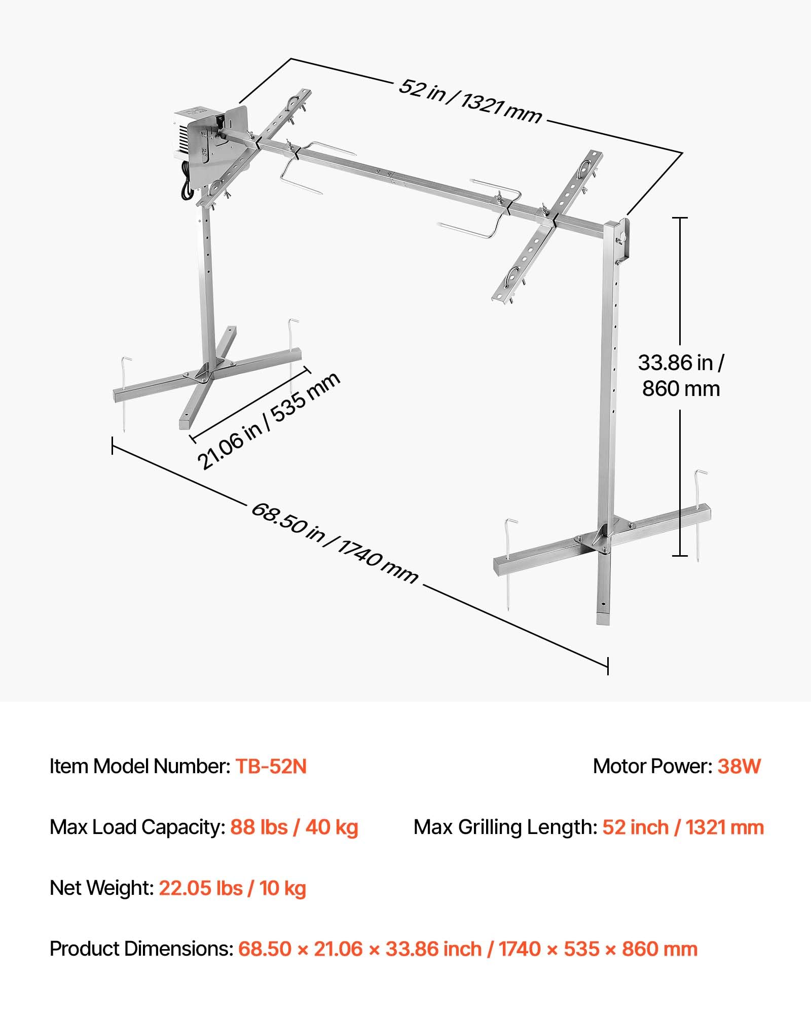 VEVOR Griglia per Arrosto da Barbecue da 1321 mm, AC 220-240 V, Set Griglia per Girarrosto Elettrico a 8 Stadi con capacità di Carico di 40 kg, Motore da 38 W, per Feste, Riunione di Famiglia