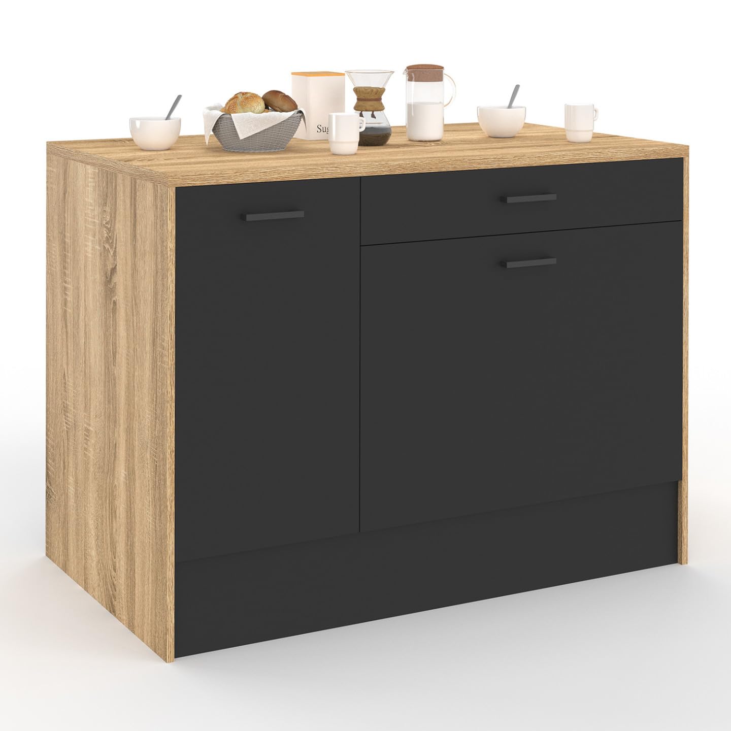 IDMarket - Ilot Central LIO 120 cm Maxi capacité de Rangement Bois et Noir