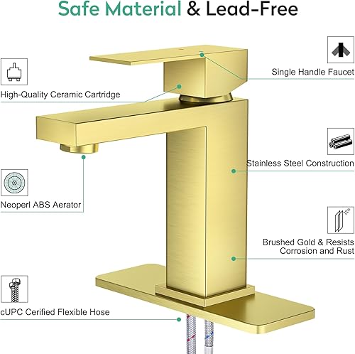 Miniatura 8 de Faustina Grifo de baño de oro cepillado, grifo de baño de un solo mango con drenaje desplegable, grifo de tocador de baño de 1 agujero, grifo de