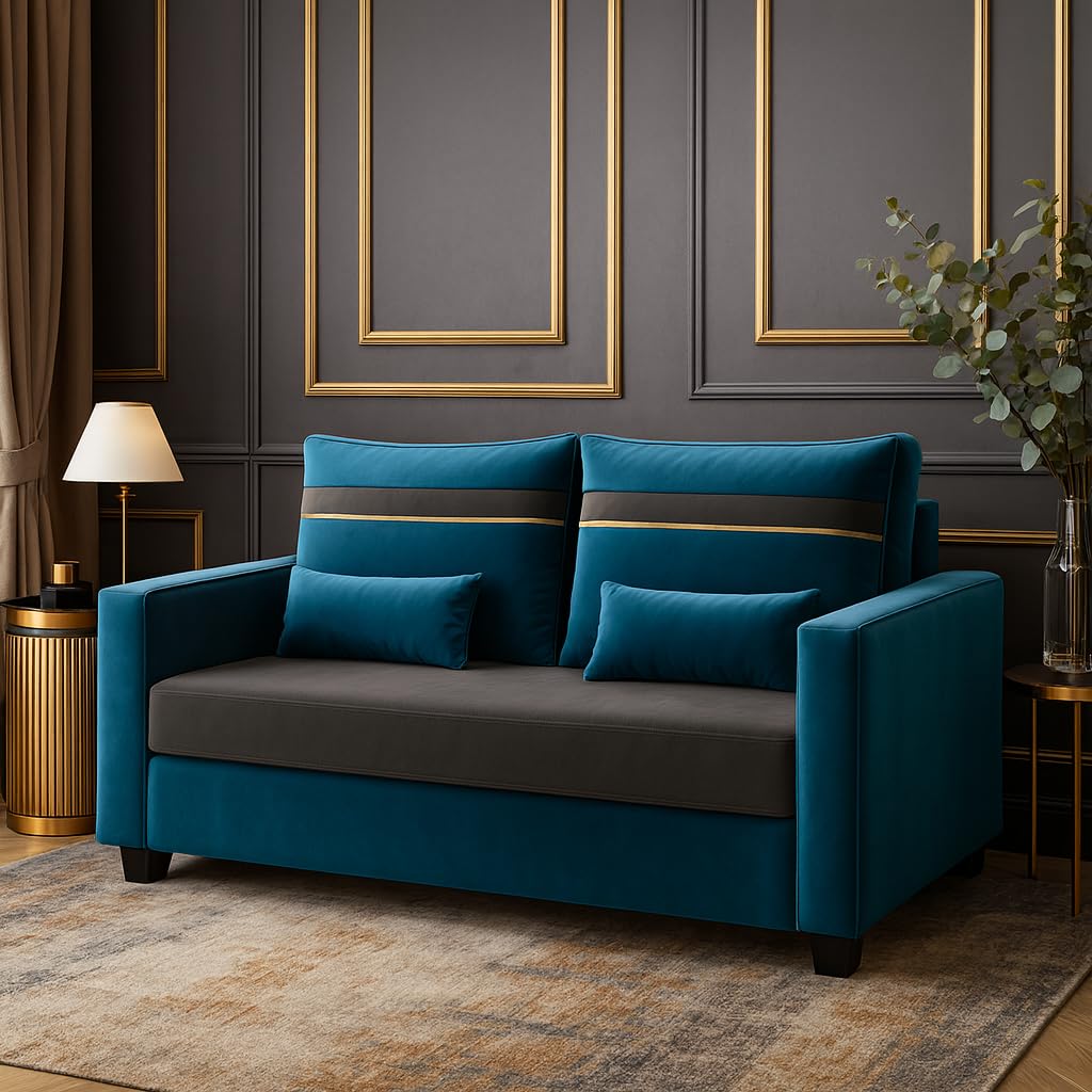 Eldvik 2-Seater Sofa Set | Soft Velvet Suede Fabric | Modern Design | Plush Comfort Cushions for Living Room (Aqua Blue-Dark Grey, Golden Stripped Cushion) Eldvik 2-Seater Sofa Set | Soft Velvet Suede Fabric | Modern Design | Plush Comfort Cushions for Living Room (Aqua Blue-Dark Grey, Golden Stripped Cushion)