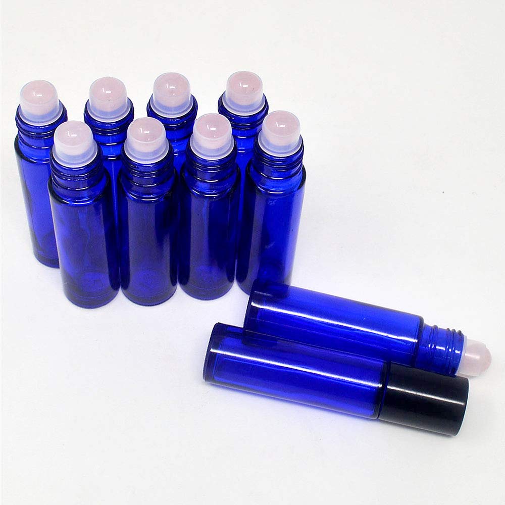 fengshuisale 10 bottiglie vuote ricaricabili blu da 10 ml, con pietre semipreziose in cristallo, per oli essenziali, con sacchetto incluso, W3903 (quarzo rosa)
