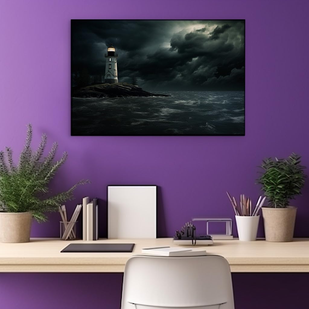 Canvas for Living room. Guiding Light Amidst Stormy Seas: A Symbol of Resilience and Hope, 27 x 18 inch Canvas Wall Art - Contemporary Masterpieces - Modern Home Decor