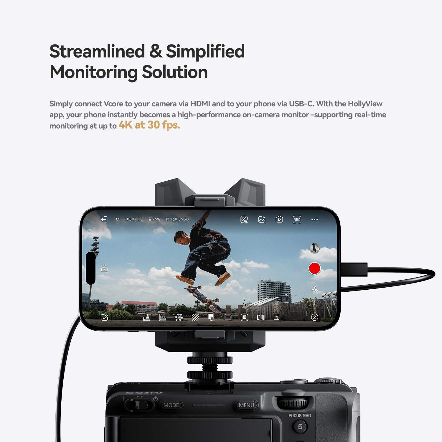 Hollyland Vcore Système de Transmission Vidéo sans Fil Surveillance en 4K30/HD Surveillance sur 4 appareils Batterie intégrée Extension par Carte mémoire Prise en Charge de Youtube et Twitch Émetteur