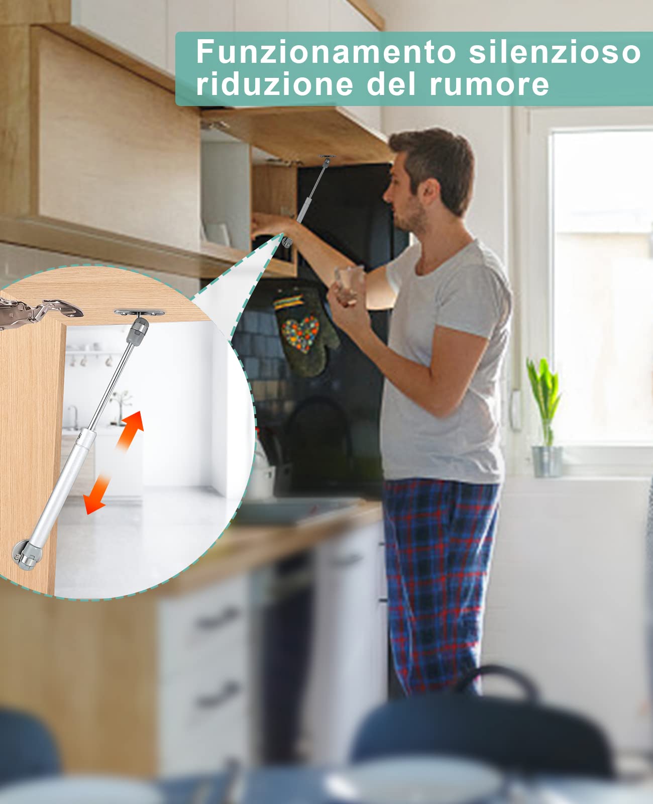 2 Pezzi Molle a Gas 100N Pistoni per Ante Cucina, Pistoncini per Mobili, Ammortizzatori per Ante, Adatto per Stoccaggio Scatole, Porte in legno, Cerniere Armadio e Braccetti Regolabili, Argento - 2