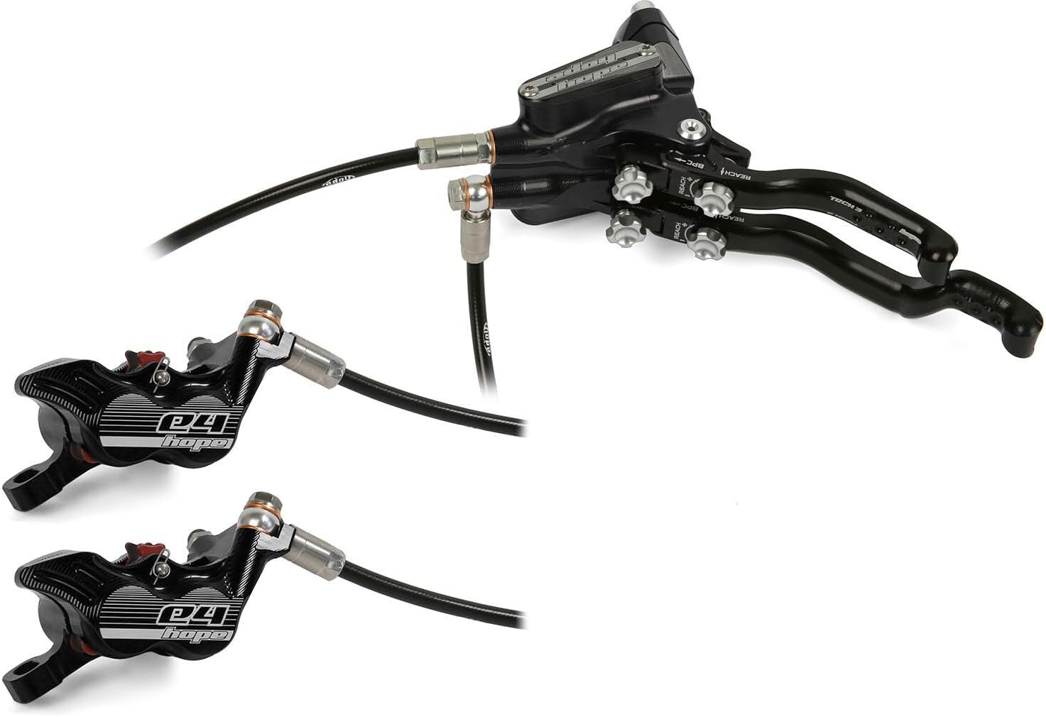 Hope Tech 3 E4 Duo Disc Brake and Lever - Left Hand, Front and Rear, Hydraulic, Post Mount, Black