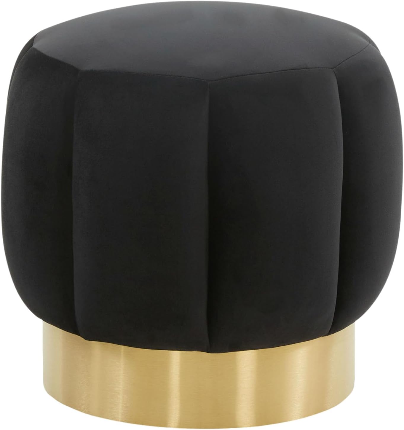SAFAVIEH Couture Collection Maxine Glam Black Velvet/Gold Channel Tufted Upholstered Round Ottoman for Living Room Bedroom Vanity Foot Stool (Fully Assembled)