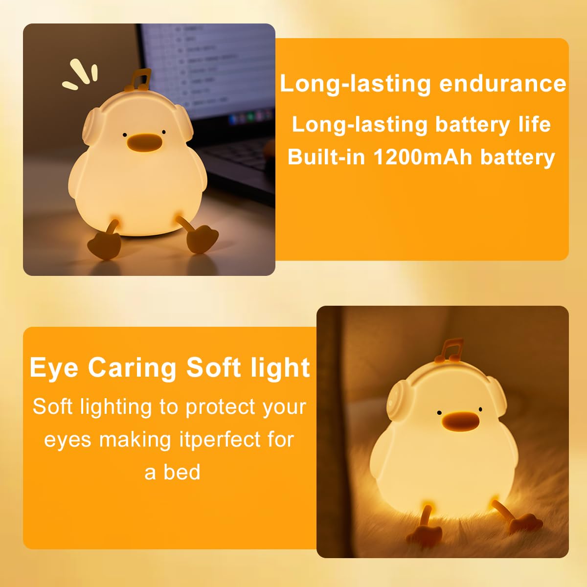 Luz nocturna de pato, luz nocturna de silicona blanda para guardería de bebé con temporizador de 30 minutos, bonita lámpara de cabecera recargable con control táctil para dormitorios de