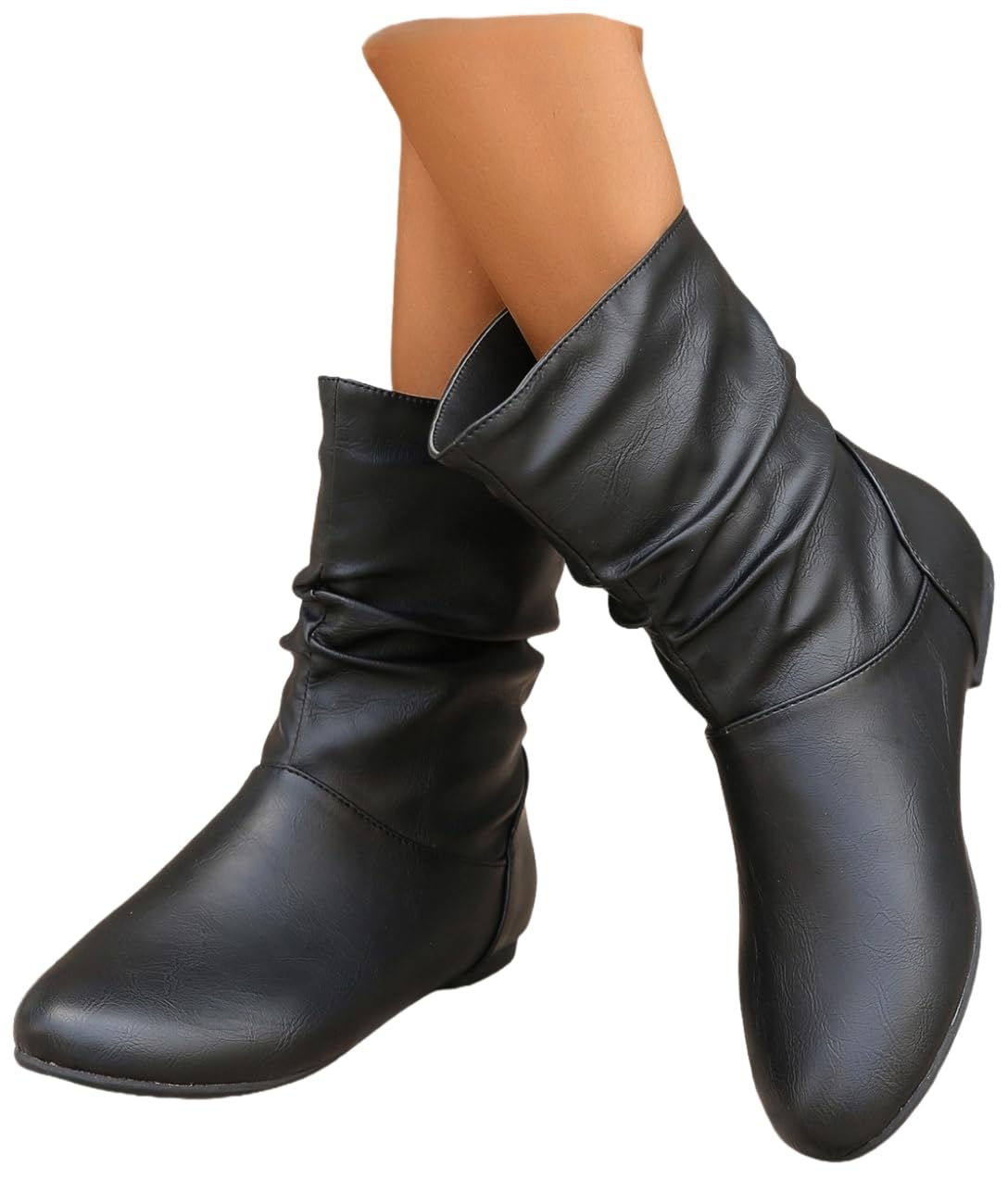 Womens Slouchy Knee High Boots Pull On Flat Boots with Side Zipper Fall Winter Western Cowgirl Booties for