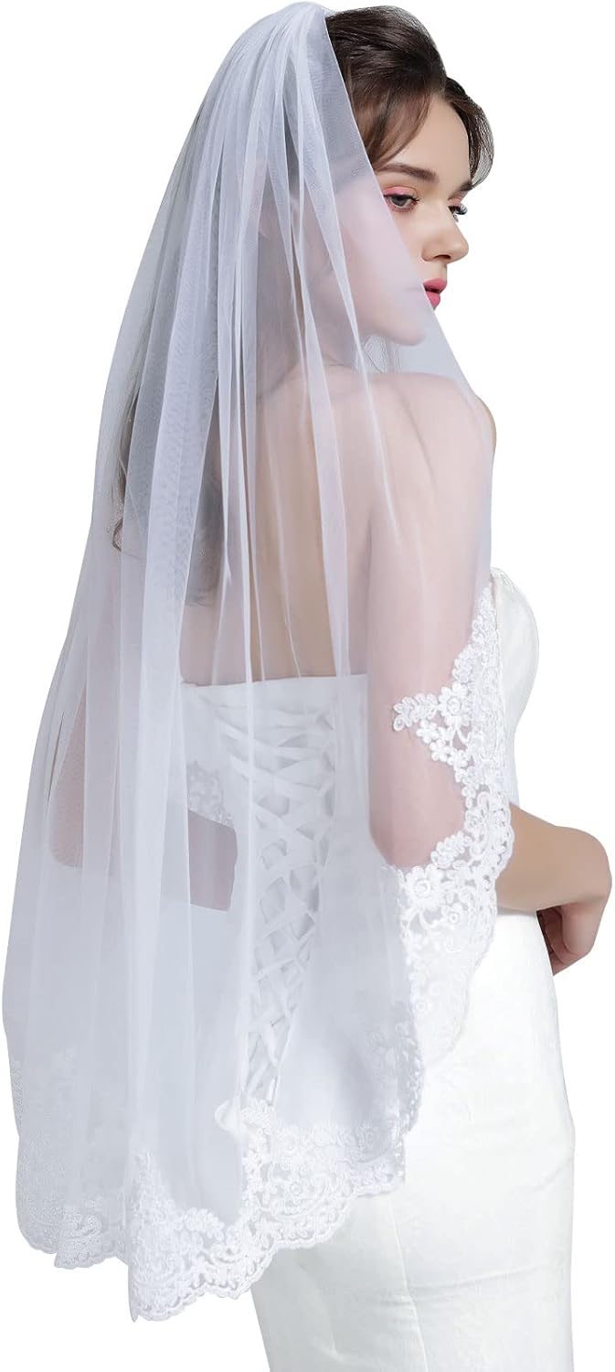 Wedding Bridal Veil with Comb 1 Tier Lace Applique Edge Ivory Fingertip Length