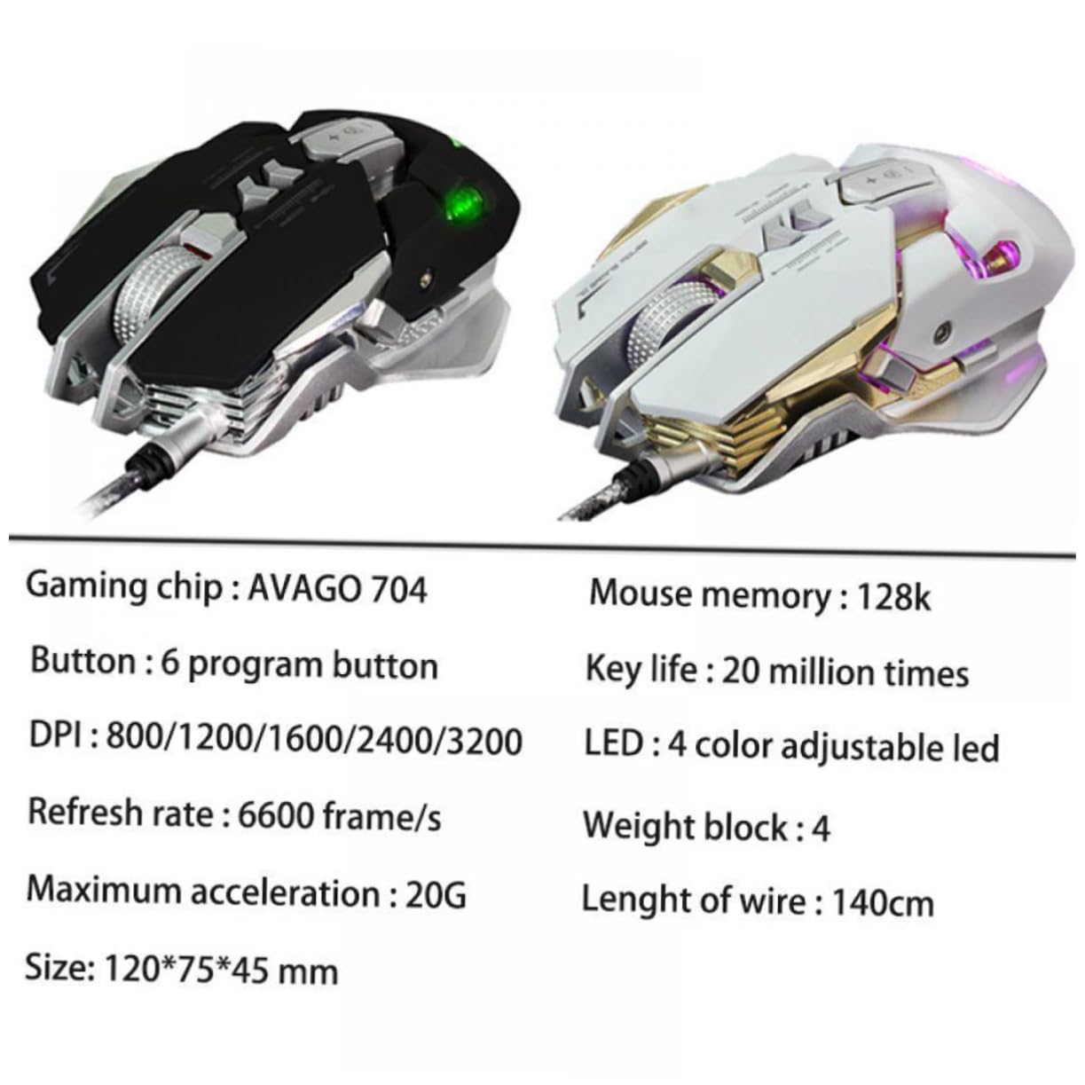 2 pezzi Mouse da gioco silenzioso Gaming ad alte prestazioni RGB Gamer Mouse da gioco for computer Cool Gaming Essential Gaming Mouse da gioco Contrappeso X300 Bianco cablato / 308