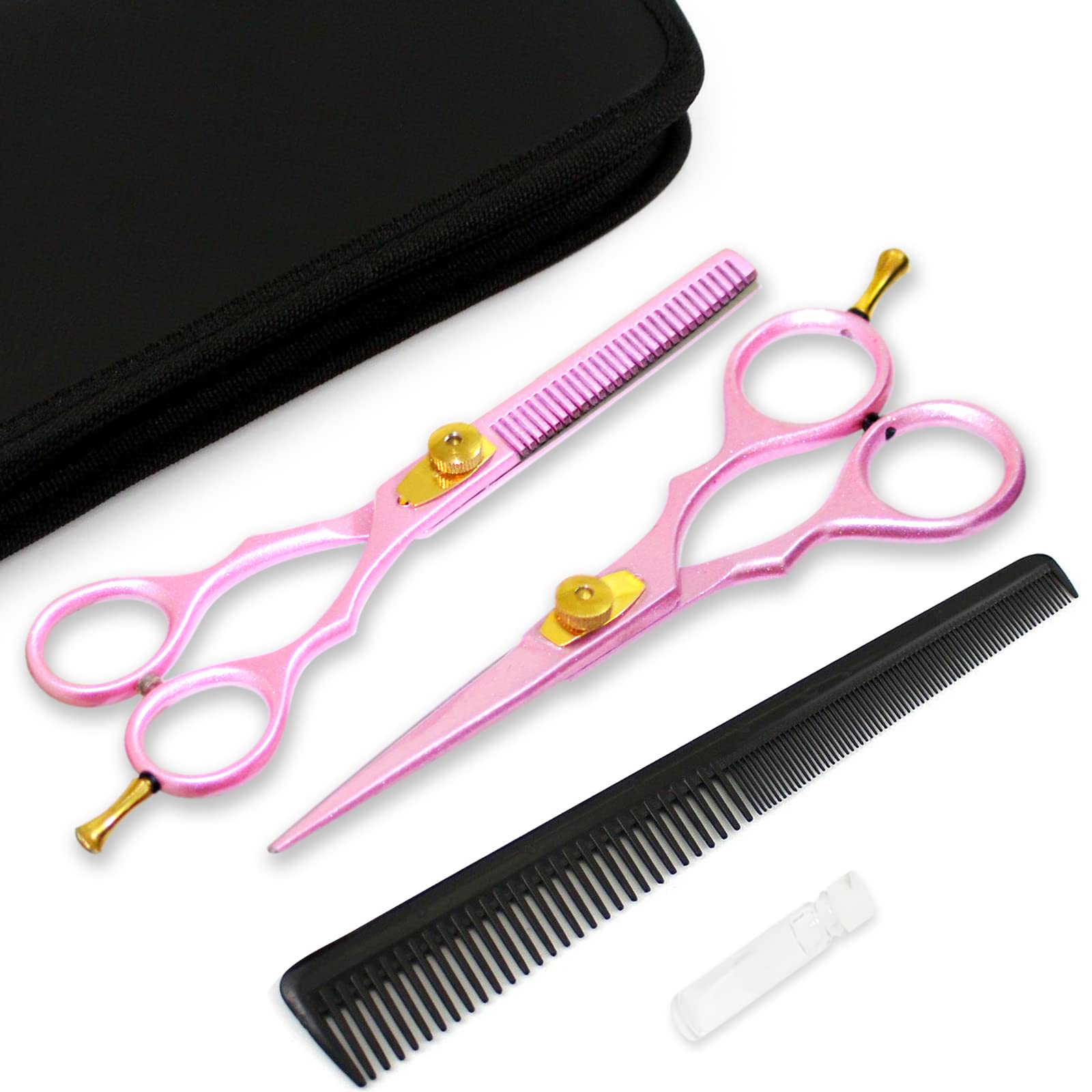 YNR Professional Hairdressing Scissors Set (5.5 Inch) Hair Cutting Scissor & Thinning Scissor Comb with Case Pink – Perfect for Men, Women, Children, and Adults