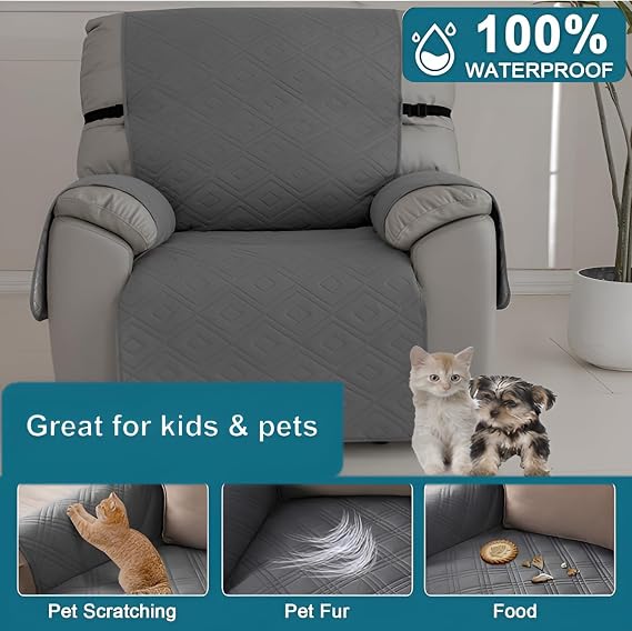 Armchair Covers,Recliner Sofa Covers,Recliner Chair Cover with 6 Side Pockets,1 Seat Waterproof Sofa Cover with Elastic Straps,Settee Covers Slipcover for Kids,Pet dog,Furniture Protector (Khaki)