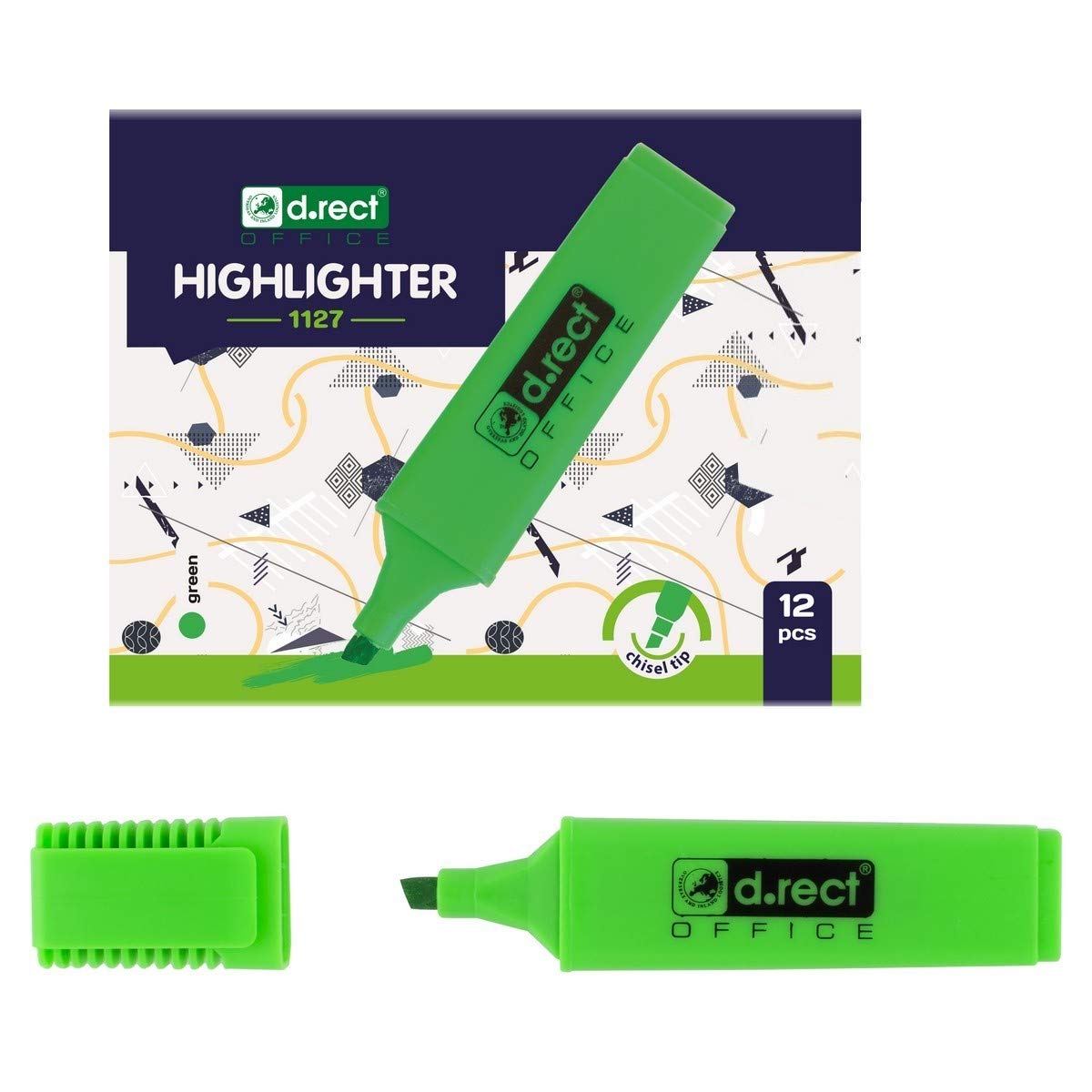 D.RECT 1127 Green Bevel Tip Highlighter Pens (Pack of 12)
