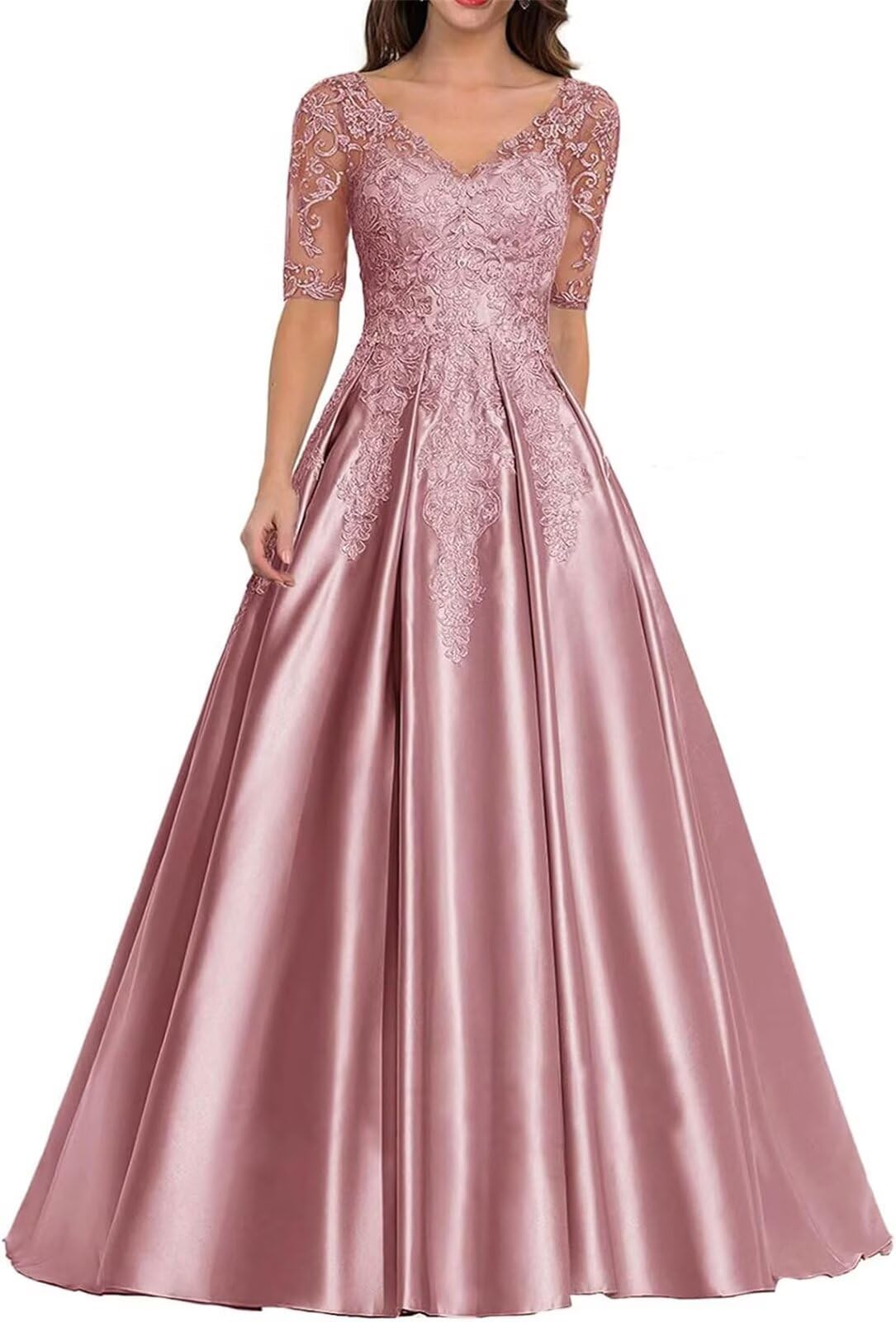 Long Mother of The Bride Dresses for Wedding Satin Prom Dresses Lace Applique Formal Evening Gown with Sleeves